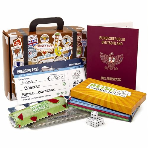 Reisegschenk für Gutscheine oder Geld im Mini-Pappkoffer mit insgesamt 7 Zubehörteilen wie z.B. Urlaubspass mit Infos Knobelspiel