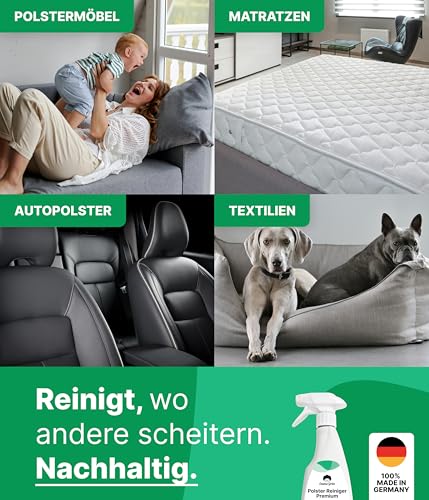 Emma Grün® Polsterreiniger für Sofa, Teppich, Matratze & Autositze 500ml – Fleckenentferner inkl. Bürste zur Polsterreinigung im Auto & Haushalt – Textilreiniger gegen hartnäckige Flecken & Gerüche