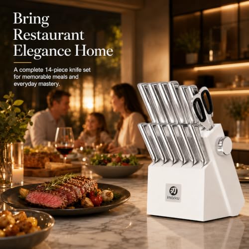 Image of imarku 14-Piece Knife Set with Block, Pro power, home ease | Pro sharp high carbon steel. Self-sharpens easy. Ergo grip no fatigue. Safe non-slip home prep. Gift for homewarming