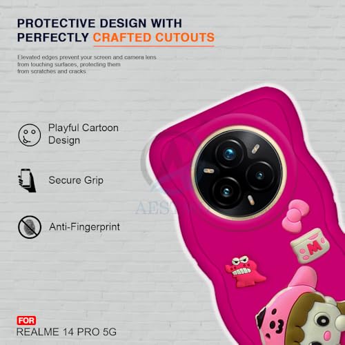 Image of AESTMO Back Case Cover for Realme 14 Pro 5G | 3D Cute Fun Cartoon Characters | Anti Slip Grip Cute Wave Curly Frame Shape | Back Cover for Realme 14 Pro 5G (Red)