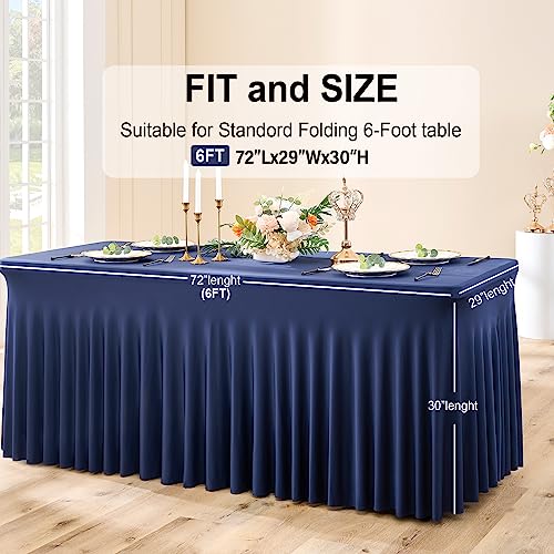 Image of Outpain 6ft Spandex Table Cloth for Standard Folding Tables-4Pack Navy Blue Table Cloth Table Protector for Party, Wedding, Cocktail, Banquet, Festival