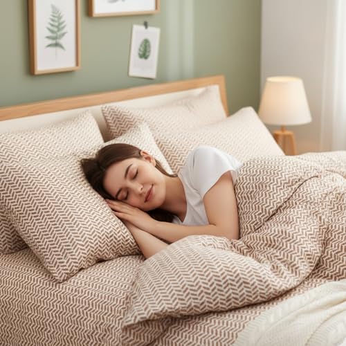 Image of Sleepy Threads Queen Size Blended Cotton Bedsheet with Soft Breathable Blended Cotton Fabric, Geometric Design, Modern Bedroom Bedding Set, 1 Flat Bedsheet with 2 Pillow Covers (93x106 Inch, Brown)