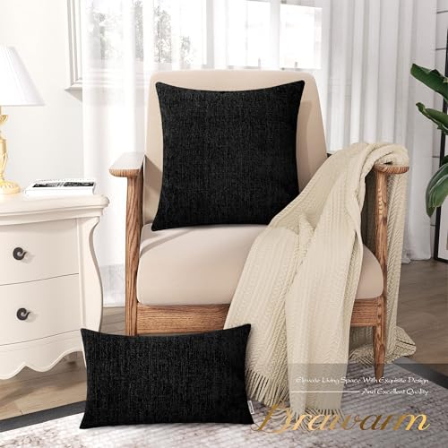 Image of BRAWARM Pack of 2 Throw Pillow Covers Cases for Couch Sofa Home Decoration Solid Dyed Striped Soft Chenille 20 X 20 Inches Black