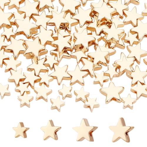 PH PandaHall Cuentas de estrella chapadas en oro de 14 quilates, 80 cuentas espaciadoras de latón de 4 tamaños, cuentas espaciadoras de estrella centelleante para pulseras, collares, aretes, joyería,