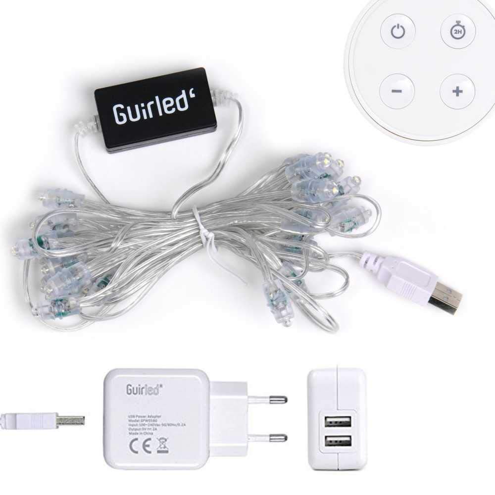 GuirLED - LED Baumwollkugeln Lichterkette USB - Drahtlose Fernbedienung - Baby Nachtlicht 2h - Dual USB 2A Netzteil enthalten - 4 Intensitäten – 32 Kugeln 3.2m - Arlequin