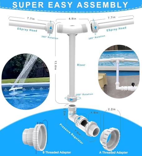 Wasserfall Pool, Dual Spray Einstellbarer Pool Zubehör, Pool Wasserfall mit Adapter Belüfter für Über Inground Spa Kühles Warmes Wasser Temperaturen