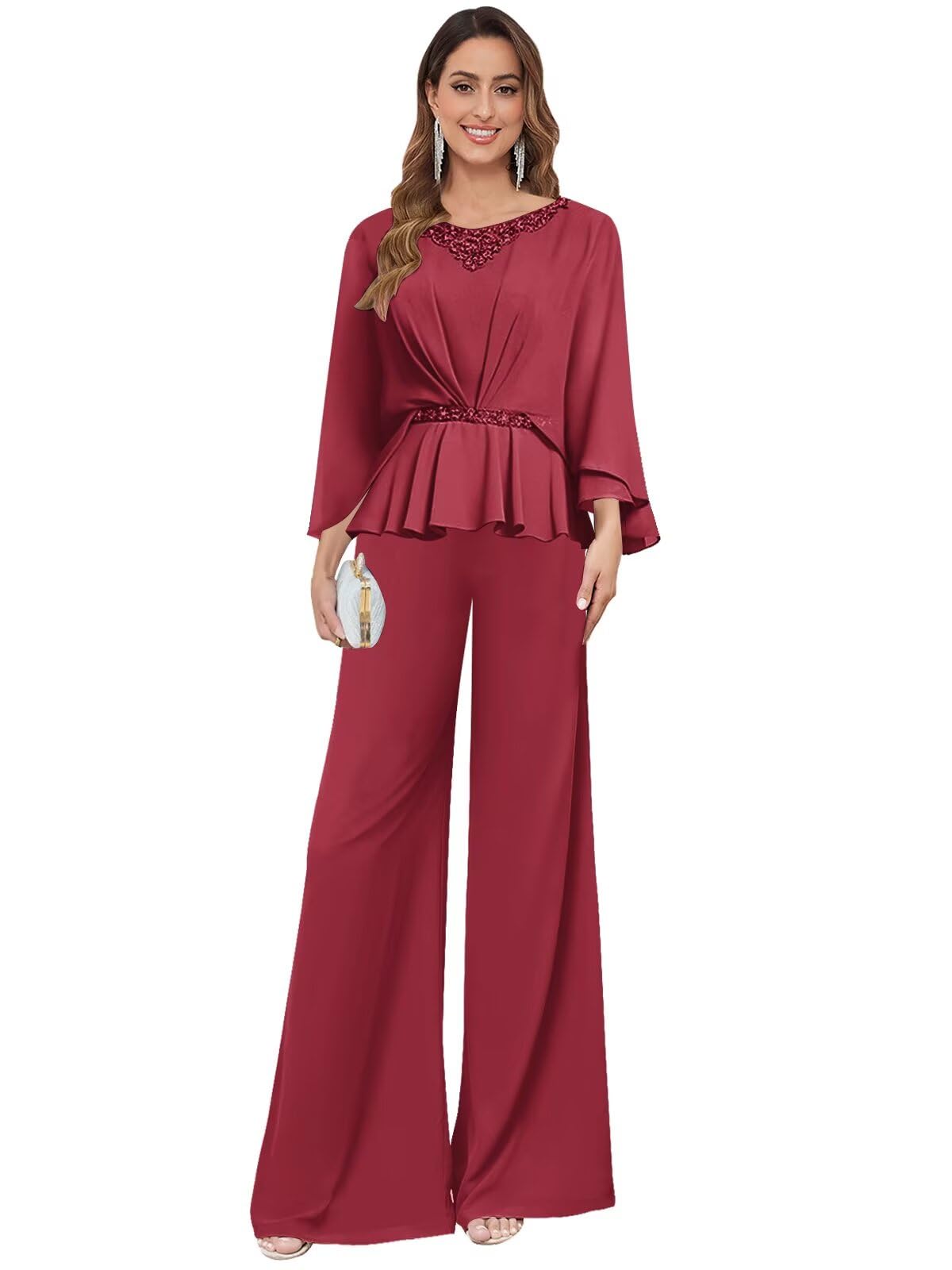 Mother of The Bride Pant Suits for Wedding Chiffon Beaded 2 Pieces Dressy Mother of The Groom Pantsuits