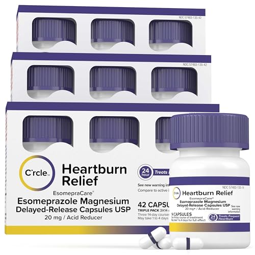 C'rcle Esomeprazole Magnesium 20mg Capsules - Heartburn Medicine - 24 Hour Acid Reducer - Delayed Release Mini Capsules - Acid Reflux Medicine and Digestive Support - Nine 14 Ct Bottles
