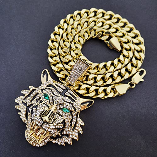 Iced Gold Plated Large Simulated Diamond Tiger Head Bling Pendant & 10mm 18" 20" 24" 30" Cuban Chain Hip Hop Rapper Jewelry Necklace4