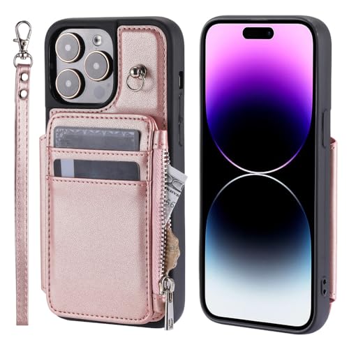 Étui portefeuille iPhone 6S LVTFCO avec fente zippée et sangle sac à main rose doré
