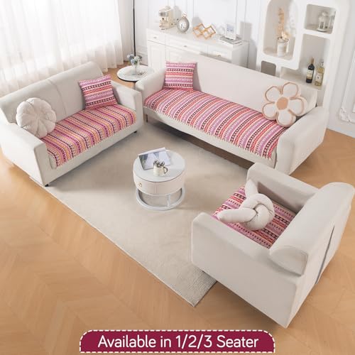 Image of HOKIPO Sofa Cover Mat with Tassel | 300 GSM Cotton Acrylic Jacquard for 3 Seater Sofa,'Trivana Series' Hot Pink (IN-936-J3*S)