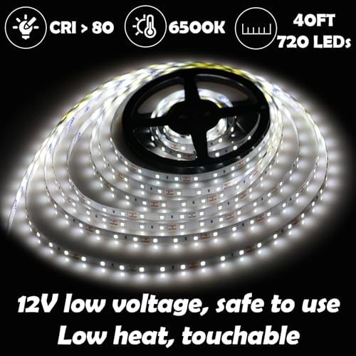 Image of 40ft White LED Light Strip Kit, 6500K Strip Light, 720 LED 12V Flexible Cuttable LED Light Strips for Bedroom Kitchen Under Cabinet Lighting Indoor