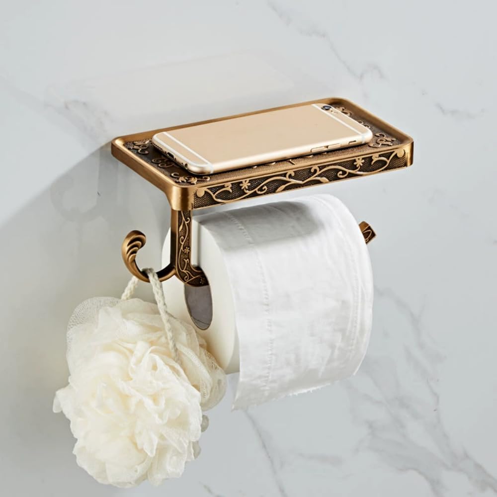 Vintage Toilet Paper Holder Wall Mount Toilet Roll Holder with Shelf and Hook Bronze Antique Bathroom Accessories Toilet Tissue Roll Holder Hanger Aluminum Material (Bronze Finish) — Amazon image 7