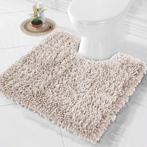 Image of Yimobra Toilet Rugs U Shaped Washable, Extra Thick Soft Absorbent Chenille Contour Bathroom Rugs for Toilet 24x24 Inch, Quick Dry Non Slip Toilet Mat for Bath Floor, Khaki