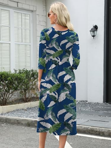 Image of Heymoments Women's Casual 3 /4 Sleeve Midi Dress Crewneck A Line Tiered Flowy Loose Travel Long Dresses with Pockets