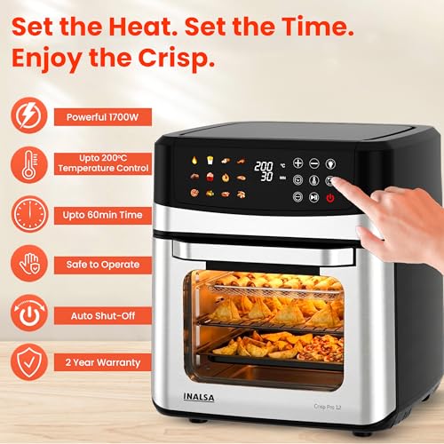 Image of INALSA Air Fryer Oven|12L,1700W|Stainless Steel Body|12-in-1 Functions,Fry,Bake,Grill,Dehydrate&Reheat|12 Preset|Rotisserie&Convection|Dishwasher Safe Accessories|2Yr Warranty,2025ModelCrisp Pro 12