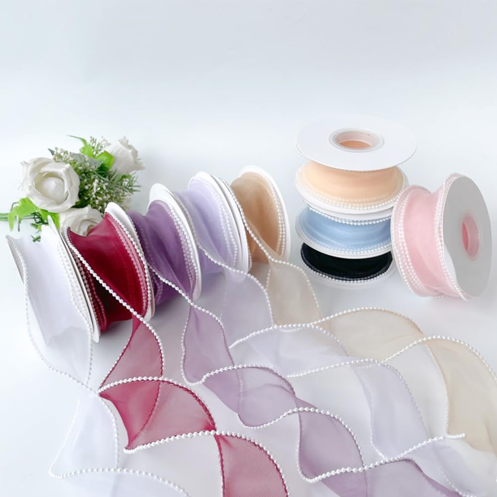 5 Yards 1 1/2 Inch Light Blue Faux Pearl Edged Ribbon Smooth Organza Fishtail Ribbon Sheer Mesh Ribbons Bundle Rolls with Spool for Sewing Making Crafts Gift Wrapping Handicraft DIY Supply image 5