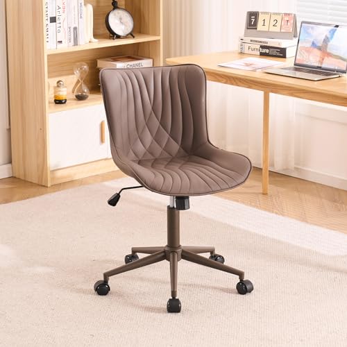 Image of YOUTASTE Armless Office Desk Chair with Wheels, Adjustable Swivel Vanity Chair, PU Leather Upholstered, Ergonomic Back Support, Modern All Brown Computer Chair for Home Office, Bedroom, Study