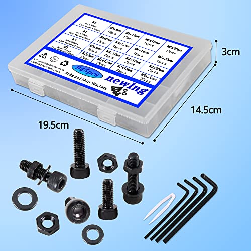 Image of newlng Screws Assortment Kit M2 M3 M4 M5 Metric Black Bolts and Nuts Washers Set 945pcs 10.9 Carbon Steel Hex Socket Head Cap Machine Screws,for Metal Wood Plastic DIY Equipment Maintenance DIN912