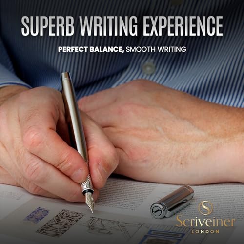 Image of Scriveiner Stainless Steel Fountain Pen - Stunning Luxury Pen with Steel Finish, Schmidt Steel Nib (Medium), Pen Gift Set for Men & Women, Professional, Executive Office, Nice Designer Pens