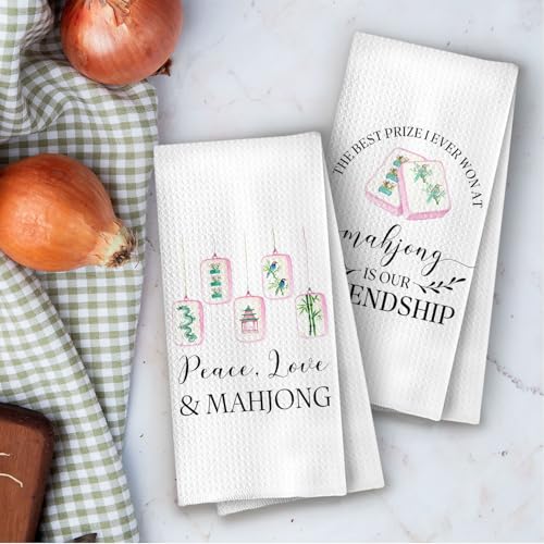 Image of Mahjong Gifts Kitchen Towels Set - Mahjong Decorative Waffle Dish Towels, Mah Jong Hand Towels, Mah Jong Friends Gifts Tea Towel, 16x24 Inches Set of 2