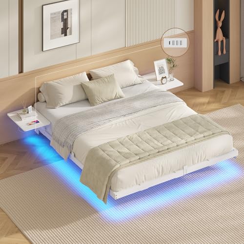 AOGLLATI Lit 2 Personnes avec 2 Étagères de Chevet,Cadre de Lit 160 x 200 avec Sommier Métal,Multiprise et Éclairage LED, 24 CM de Rangement pour Chambre, Blanc