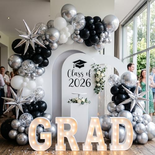 Image of RUBFAC Silver Balloons 129pcs Different Sizes 18 12 10 5 Inches Metallic Balloon Garland Arch Kit Disco Ball for Birthday Party Graduation Wedding Holiday Decoration