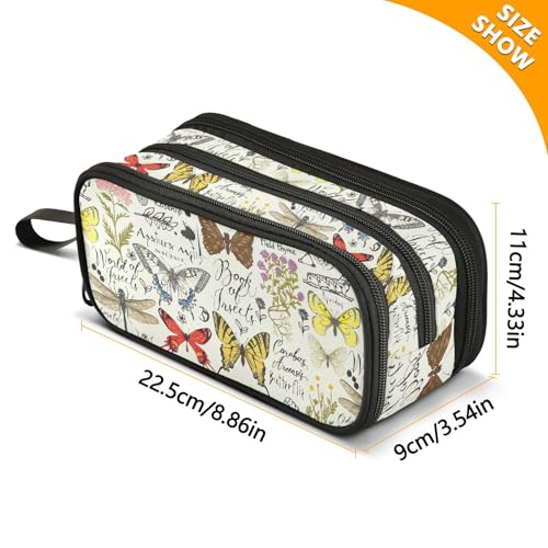 Image of ZAZYXTJ Butterfly Large Capacity Pencil Case 3 Compartment Pen Pouch Storage Canvas Makeup Bag for School Office Teen Girl Boy Men Women