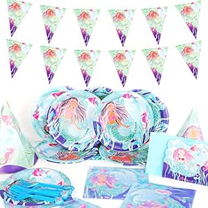 EKKONG meerjungfrau Party Set,70-teiliges Kindergeburtstag Geschirr, Einweg Papier Geschirr Set fürKindergeburtstag,Hut*12,Teller*12,Einladungskarte*12,Tischgabel*12,Tischdecke*1,Wimpel*1,Gewebe*20