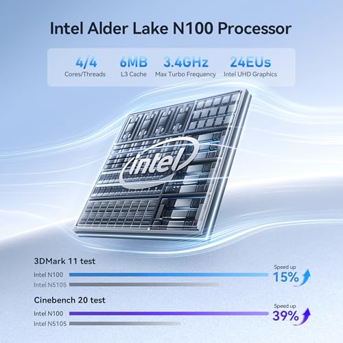 Image of N100 Mini PC, Intel Alder Lake N100, 16GB DDR4 500GB PCIe3.0 SSD, Dual LAN Mini Computer Support 4K Dual HDMI, WiFi5 /BT5.0 /USB3.2, Built-in 45W Power Supply Office Desktop PC