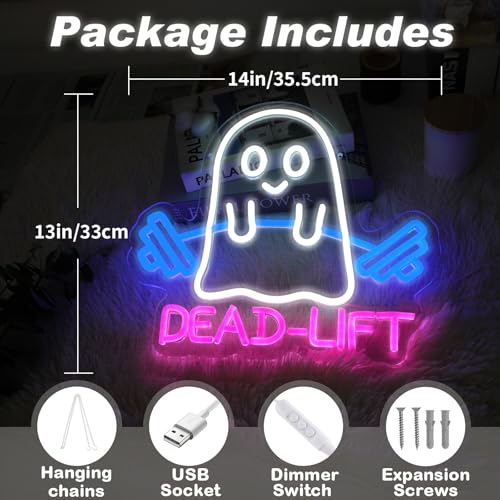 Image of Ghost Dead Lift Neon Sign,Funny GYM Room Wall Sign,Home Gym Wall Decor,Ghost Light,Dumbbell Neon Sign,Funny Weightlifting Gym Neon Led Light, 14 inchx13 inch