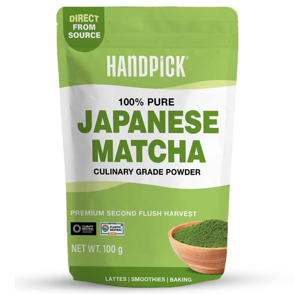 HANDPICK, Japanese Matcha Green Tea Powder (100g, 100 Servings) | Culinary Grade Powder | Authentic Premium Second Flush Harvest | Resealable Ziplock Pouch (Packing May Vary)