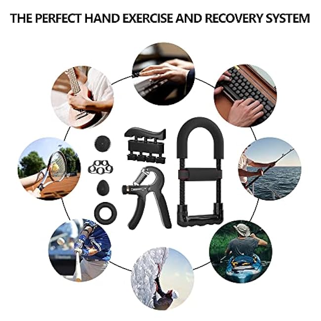 Hand Grip Strengthener Kit - Ultimate Hand Exerciser Set for Forearm Workout, Adjustable Grip Strength Trainer, Stress Relief Ball, Exercise Ring, Training and Recovery (Frosted Black)