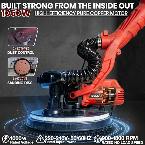 Image of IBELL IBL LS25-85 Drywall Sander 1000W Long Handle 9 inch /215mm Wall Sanding with Auto Dust Vacuum System, Foldable & Extendable Handle, 900-1800 RPM Variable Speed Ceiling Sander - 6 Months Warranty