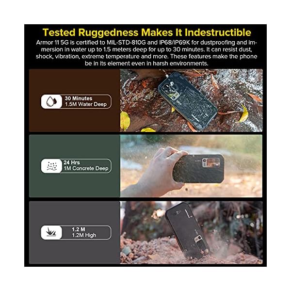 5G Rugged Smartphone, 8GB + 256GB, 5G Network,48MP Four Rear Ai Camera Night Vision Camera,6.1" Screen Android 10, 5200mAh Battery Waterproof Cell phone, NFC Wireless Charging IP68 Ulefone Armor 11 5G