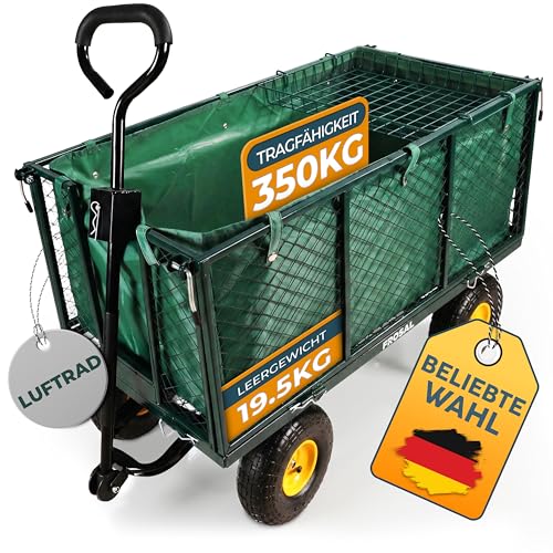 FROSAL Gartenwagen Sam abnehmbare und klappbare Seitenwände 350kg Traglast mit Luftreifen Transportwagen mit Gitter & Plane Handwagen für Garten Baustelle & Hof 200L Volumen grün