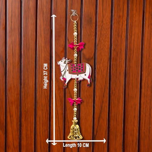 Image of CraftVatika Pichwai Cow Wall Decor Hanging Latkan for Door Wall Decoration, Diwali Decor Items Diwali Decoration for Home, Festive Decor Items, Pichwai Backdrop Cow with Bell Hanging 14.5 Inch Height