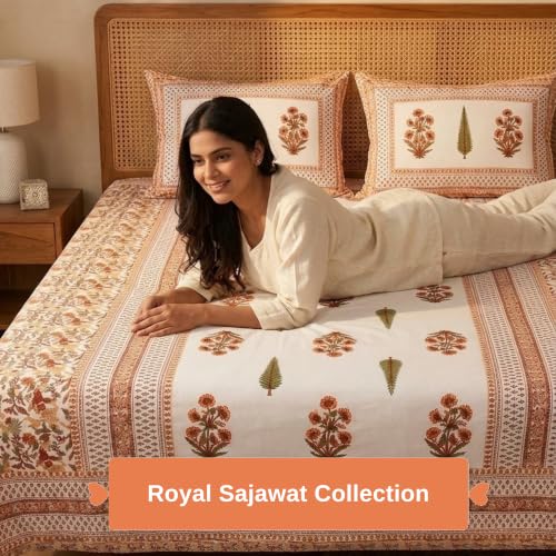 Image of Naksh King Size Bed Sheet Orange Floral Print 2 Pillow Covers | Orange Botanical Floral Print | Heritage Design for King Size Bedrooms
