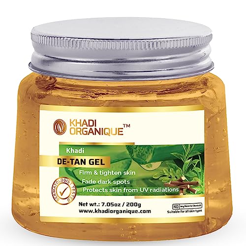 Khadi Organique De-Tan Aloe Vera Gel with Licorice, Green Tea & Algae to Lightens Sun Tan, Dark Spots & Acne | Deep Hydrating Tan & Dullness Removal Aloe Vera Gel | Best for All Skin Types – 200gm