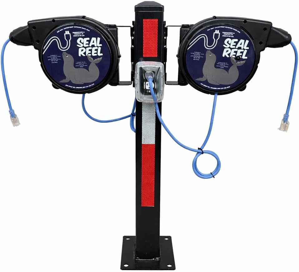 Outdoor Retractable Extension Cord Reel – 20ft 12/3 SJEOOW Cable, Watertight, 20A Breaker, Flexible to 10°F, Includes 2 Mounting Brackets, 180° Swivel Mount, SR-202012-F-SB