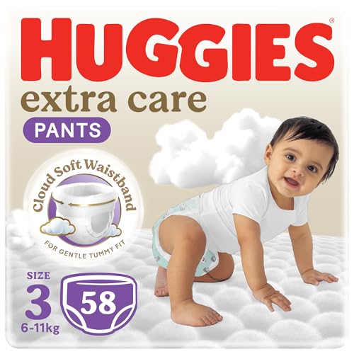 Huggies Extra Care Culottes Size 3 (6-11 kg) Jumbo Pack of 58 Baby Diaper Pants Cloud Soft Waistband Soft Pillows Absorb in Seconds Easy & Convenient With Extra Protection