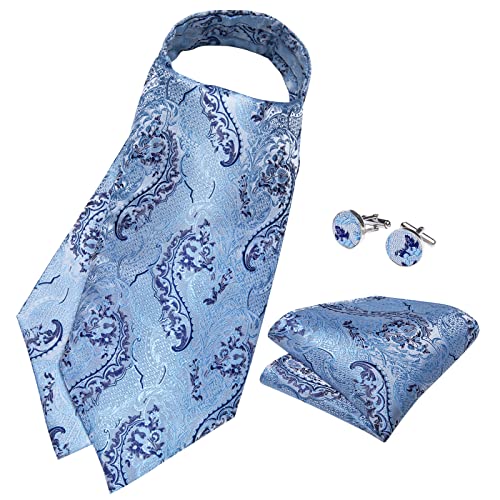 Image of DiBanGu 3PCS Ascot Ties for Men Wedding Jacquard Woven Silk Ascot Cravat for Men Cravat Tie and Pocket Square Set