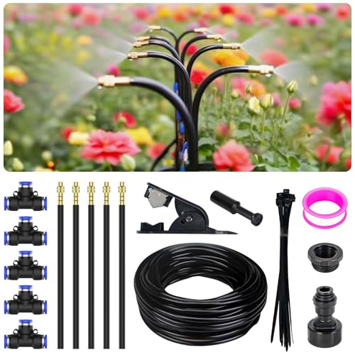 360° Einstellbar Garten Bewässerungssystem, Garten Bewässerungsschlauch Kit 5M with 5 Düsen, Tropfbewässerung Misting Kühlsystem für balkon, hochbeet, Gewächshaus und Terrasse Pflanzen