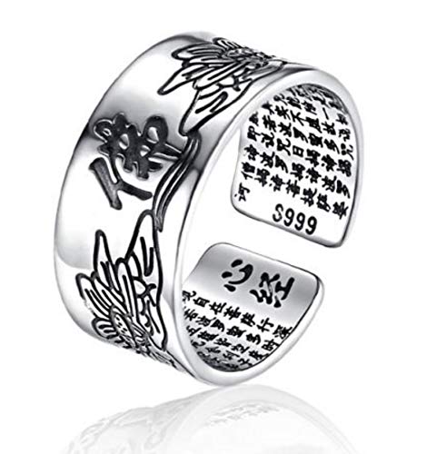 [ミラン] 般若心経 六字真言 指輪 シルバー オープンリング フリーサイズ リング (ユニセックス 佛蓮) パラミタ 男性 用 結婚 千手観音 高野山 七種梵字 ご利益 開運 守護 呪文 六字天 黒仏 黒六字 六観音 修法六字経法