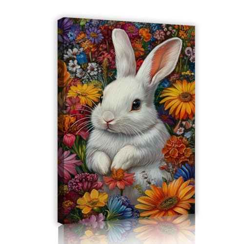 Toile lapin blanc sur prairie fleurie TOANGWALL œuvre d'art de salon premium