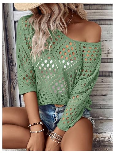 Image of Verdusa Women's Crochet Beach Sweater 3 /4 Length Sleeve Boho Tops Off The Shoulder Summer Sweater Cover Ups