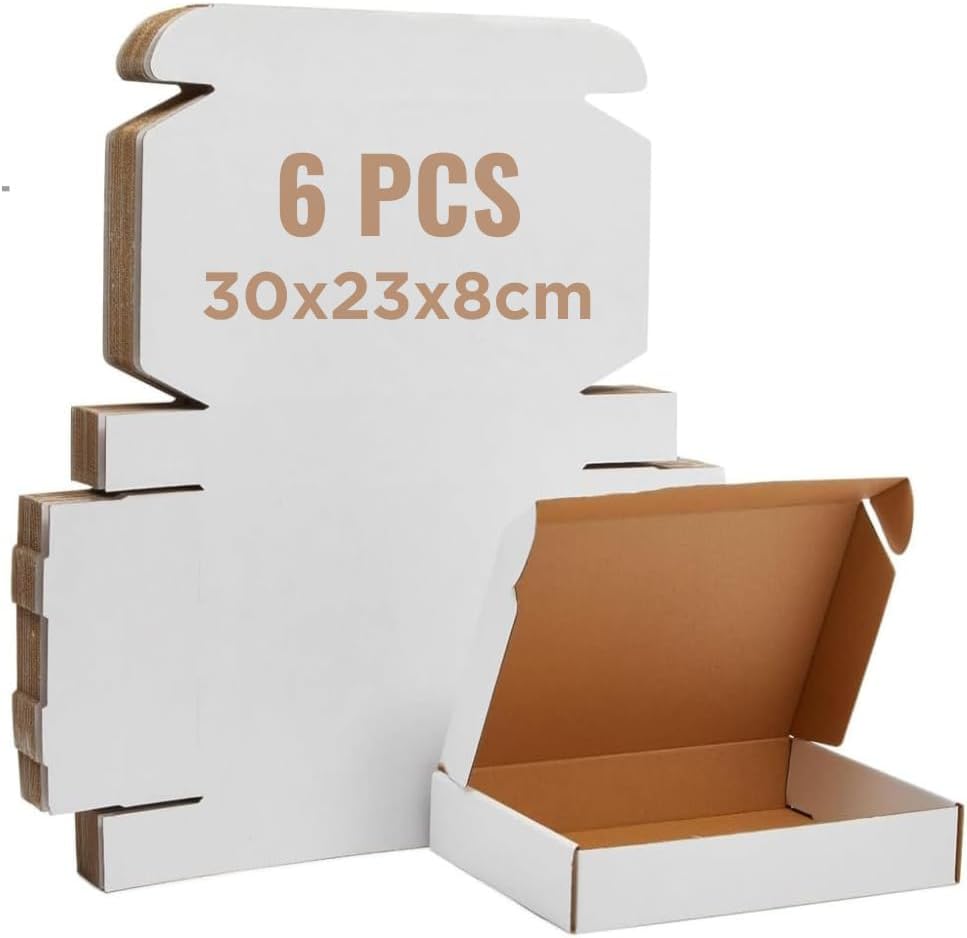 SAKPHIL (6 Pcs) White Corrugated Carton Die-cut Mailer Box | 12x9x3 inch (30x23x8 cm) | Medium Shipping Box | Foldable CardbordBox | for Gift Packing | Shipping | Ecommerce | Storage | Posting