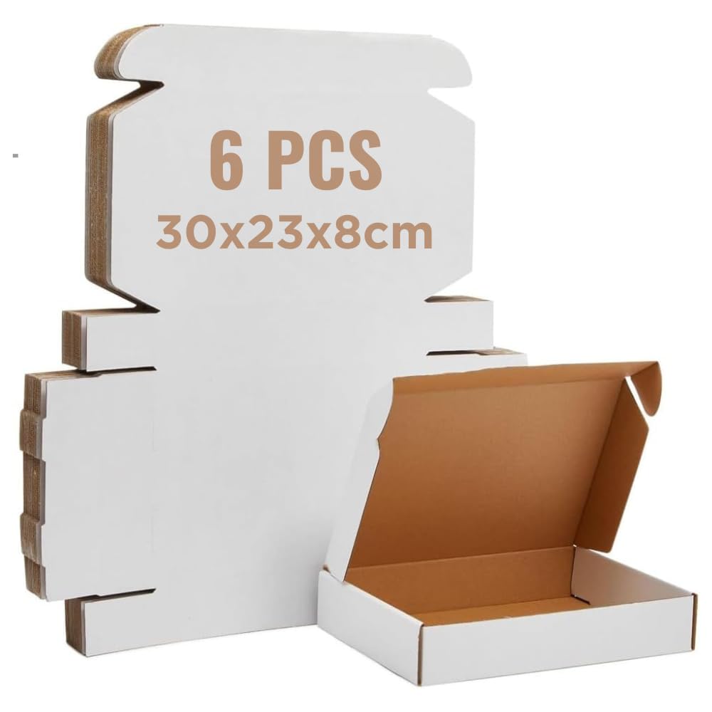 SAKPHIL (6 Pcs) White Corrugated Carton Die-cut Mailer Box | 12x9x3 inch (30x23x8 cm) | Medium Shipping Box | Foldable CardbordBox | for Gift Packing | Shipping | Ecommerce | Storage | Posting