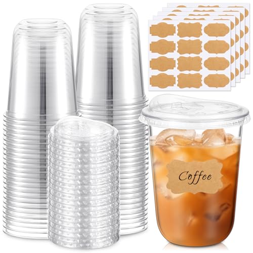 Ziliny 50 Pack 16oz Clear Plastic Cups with Strawless Sip Lids and Label Stickers, Disposable Iced Coffee Cups with Lids for Juice Smoothie Cold Beverage Shops Party Catering(Brown, Regular Style)