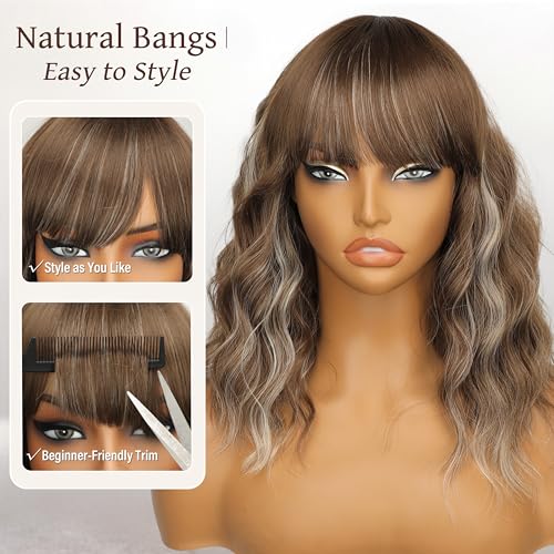 Image of Nnzes Short Wavy Bob Wig with Bangs for Women Shoulder Length Curly Soft Light Brown with Blonde Highlights Synthetic Heat-Resistant Fiber Hair for Daily & Party Use